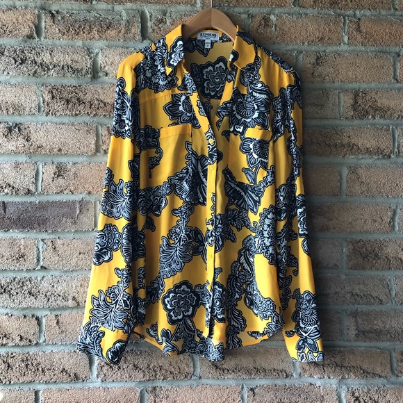 Express Tops - EXPRES | Yellow and black floral patterned v neck button up long sleeve blouse
